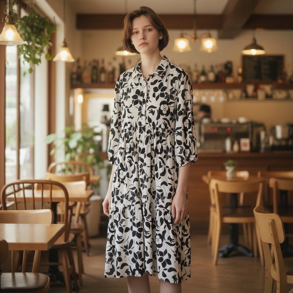 Floral dress maxi shirt button down collared XXL cream black print